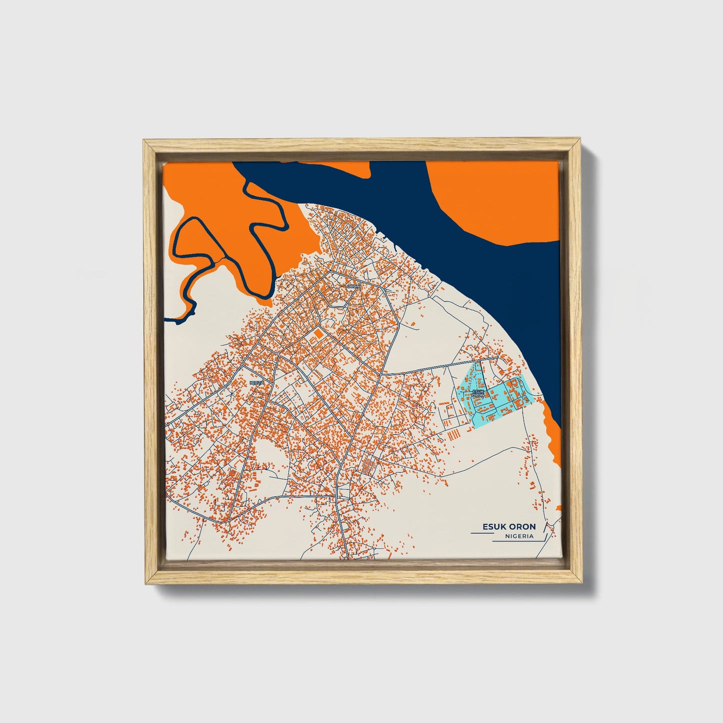 Esuk Oron Nigeria Colorful City Map Canvas Print • Natural Wooden Framed