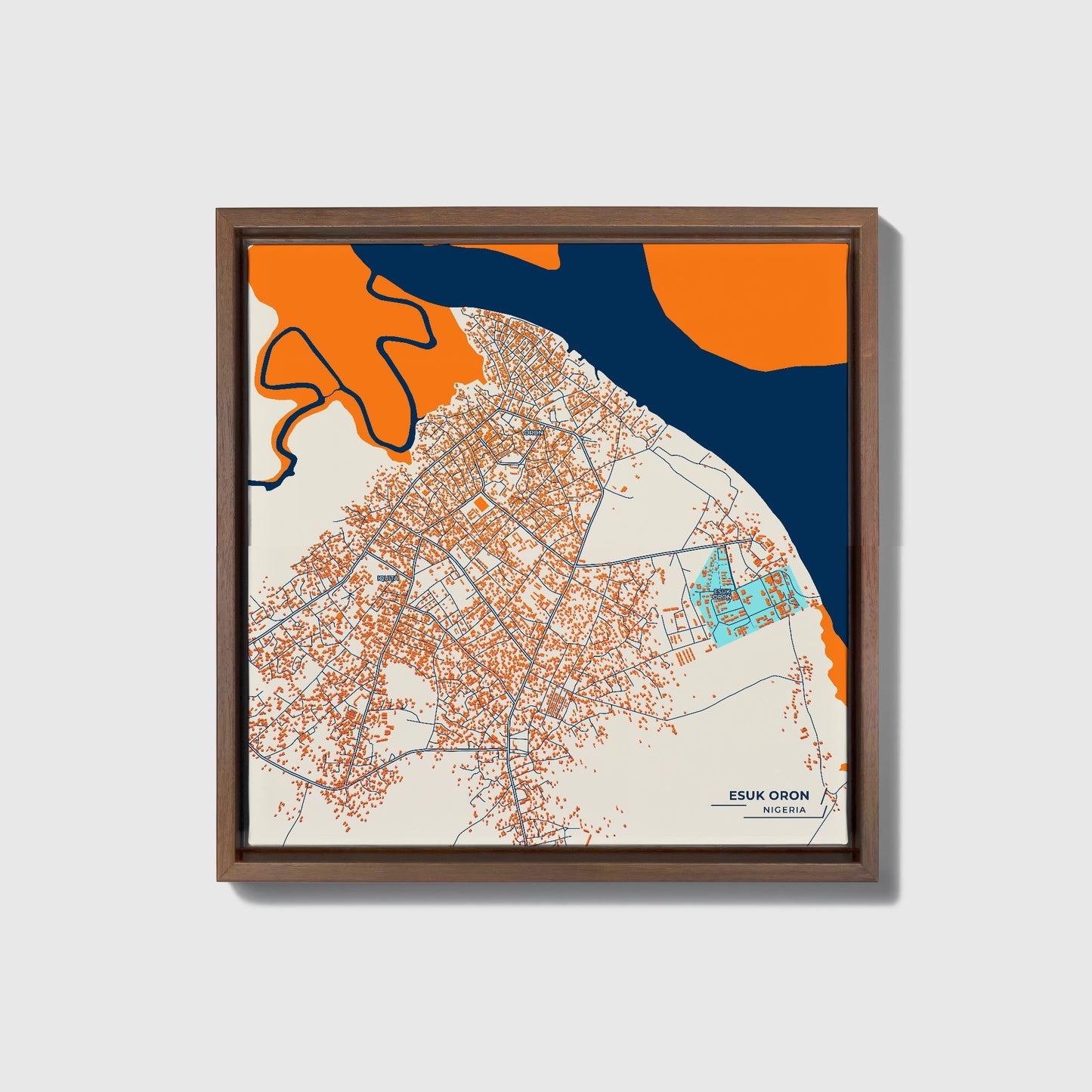 Esuk Oron Nigeria Colorful City Map Canvas Print • Dark Wooden Framed