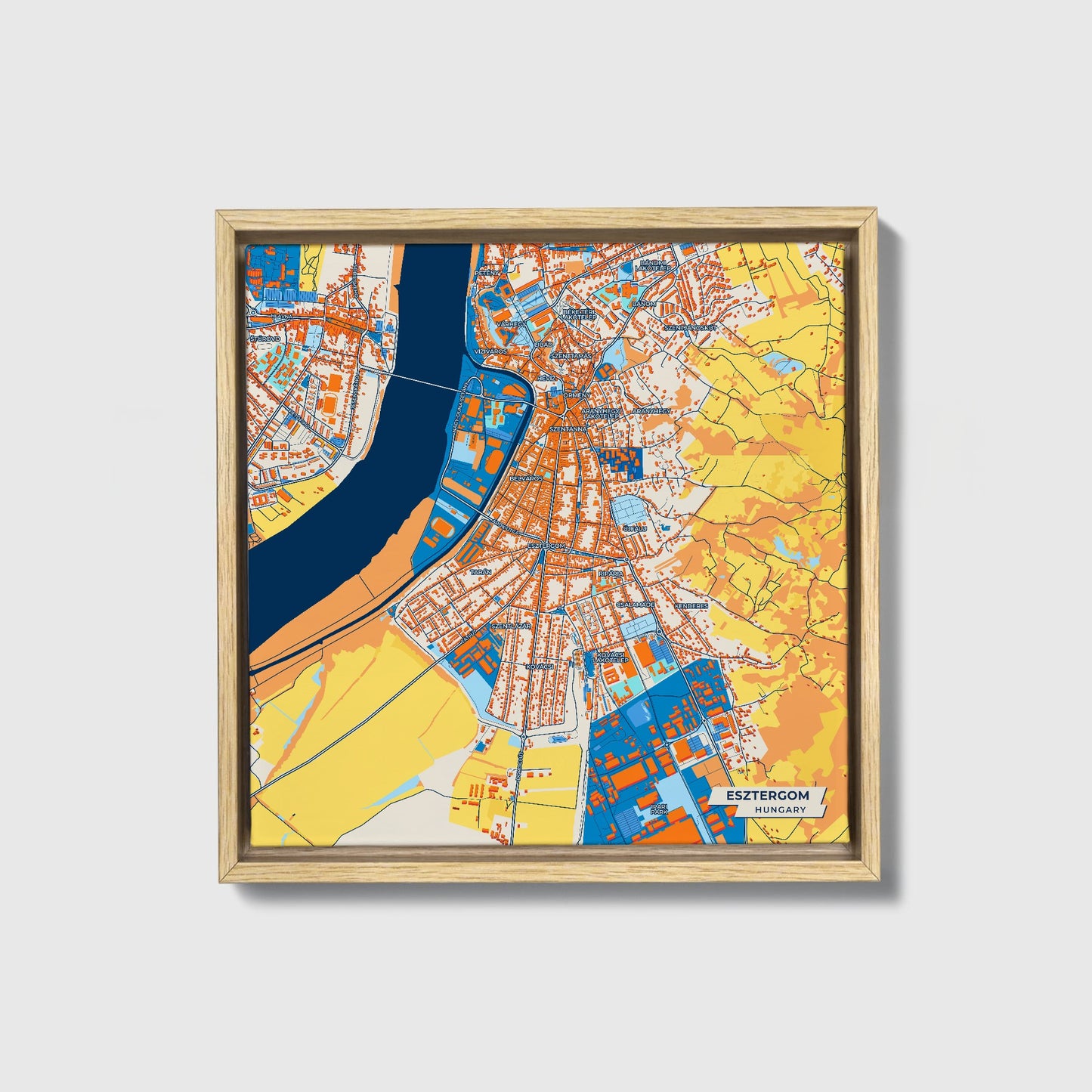 Esztergom Hungary Colorful City Map Canvas Print • Natural Wooden Framed