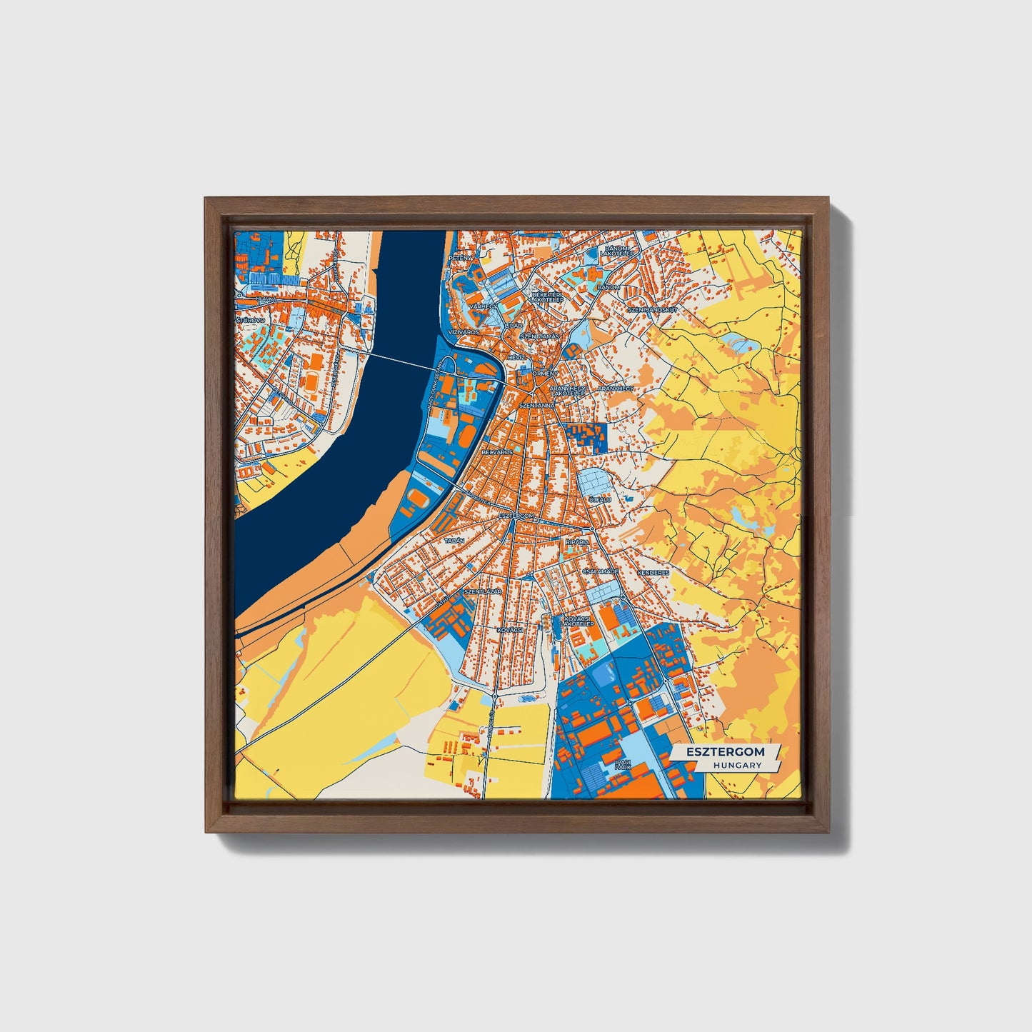 Esztergom Hungary Colorful City Map Canvas Print • Dark Wooden Framed