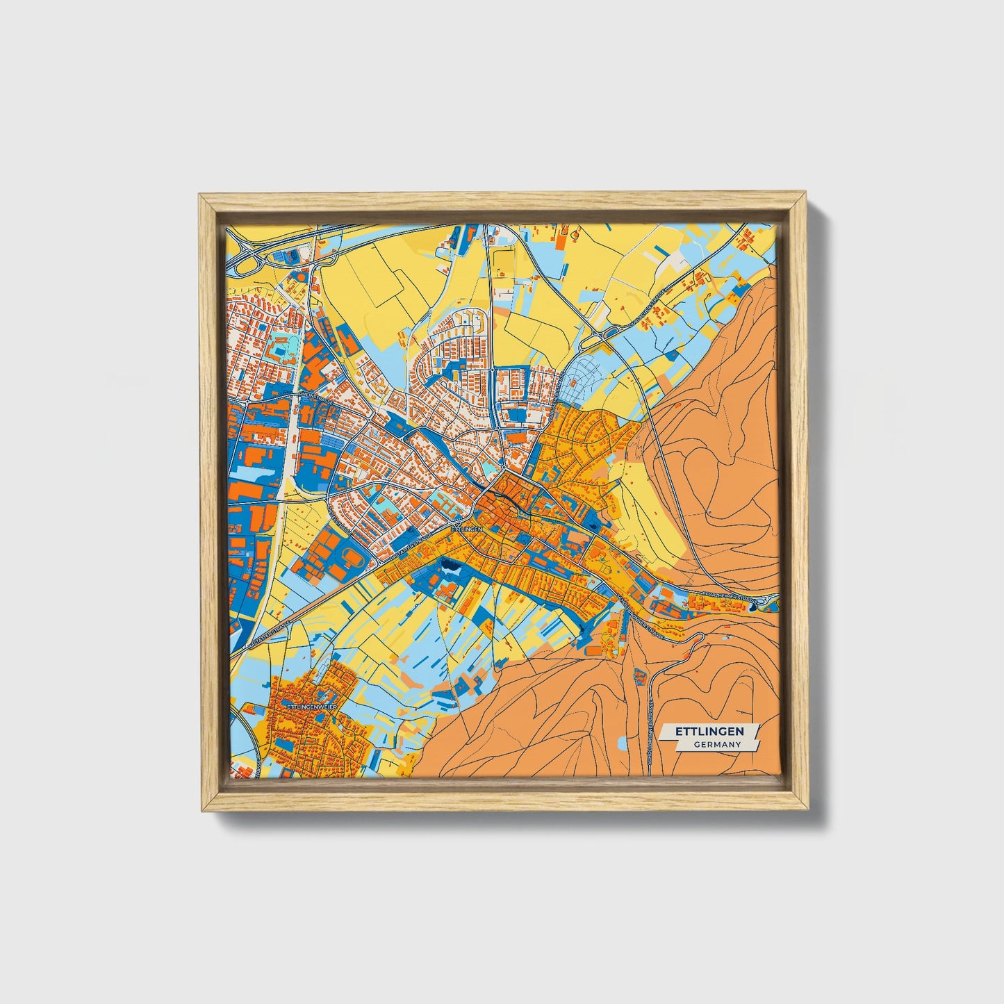 Ettlingen Germany Colorful City Map Canvas Print • Natural Wooden Framed