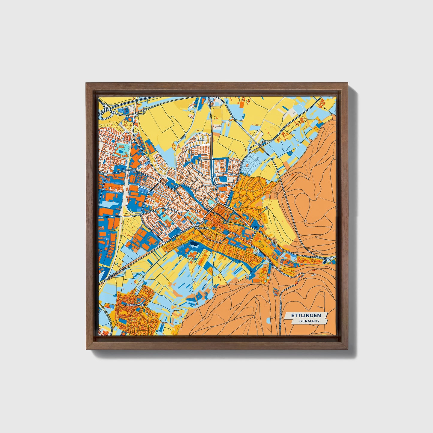 Ettlingen Germany Colorful City Map Canvas Print • Dark Wooden Framed