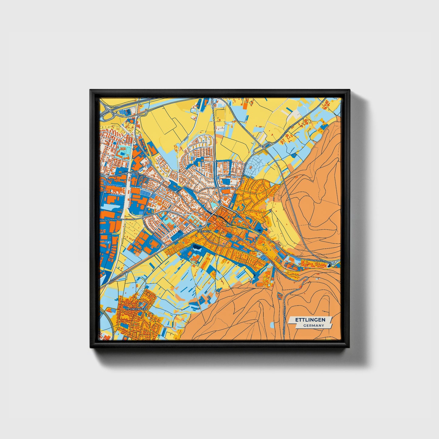 Ettlingen Germany Colorful City Map Canvas Print • Black Framed