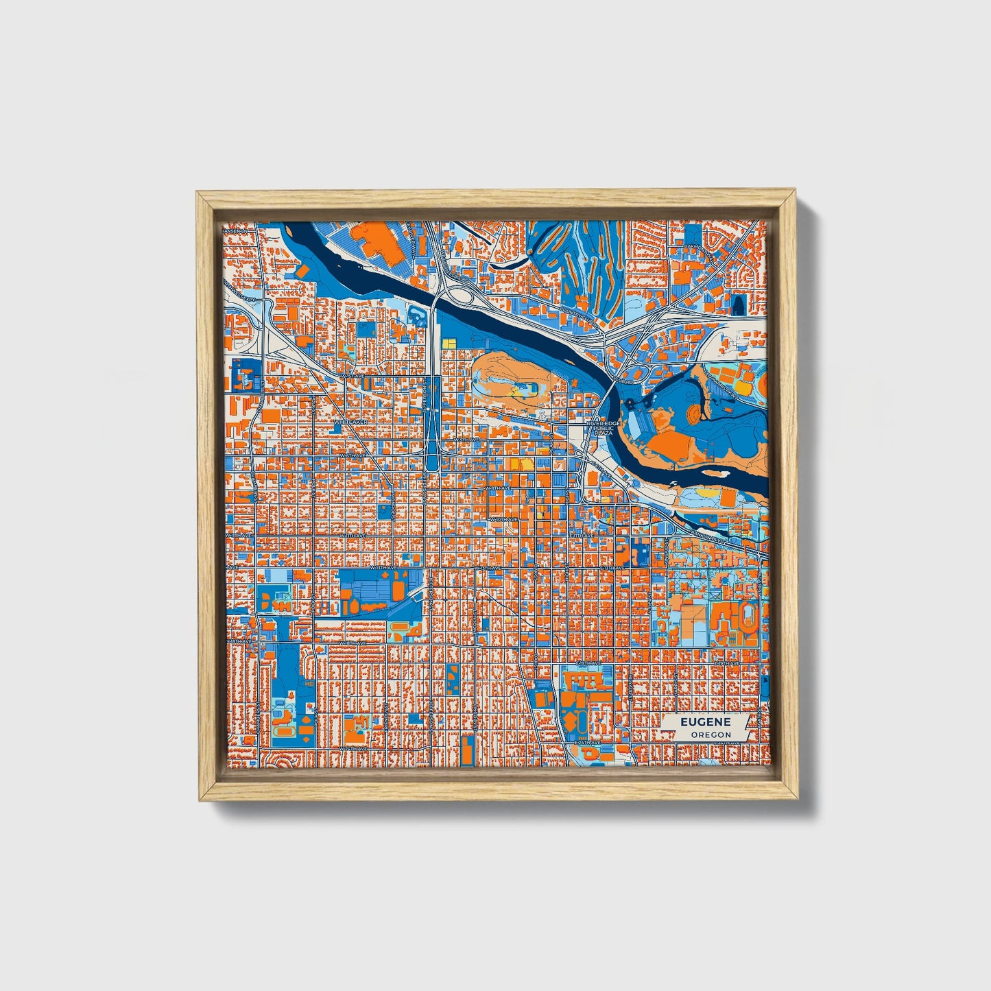 Eugene Oregon Colorful City Map Canvas Print • Natural Wooden Framed