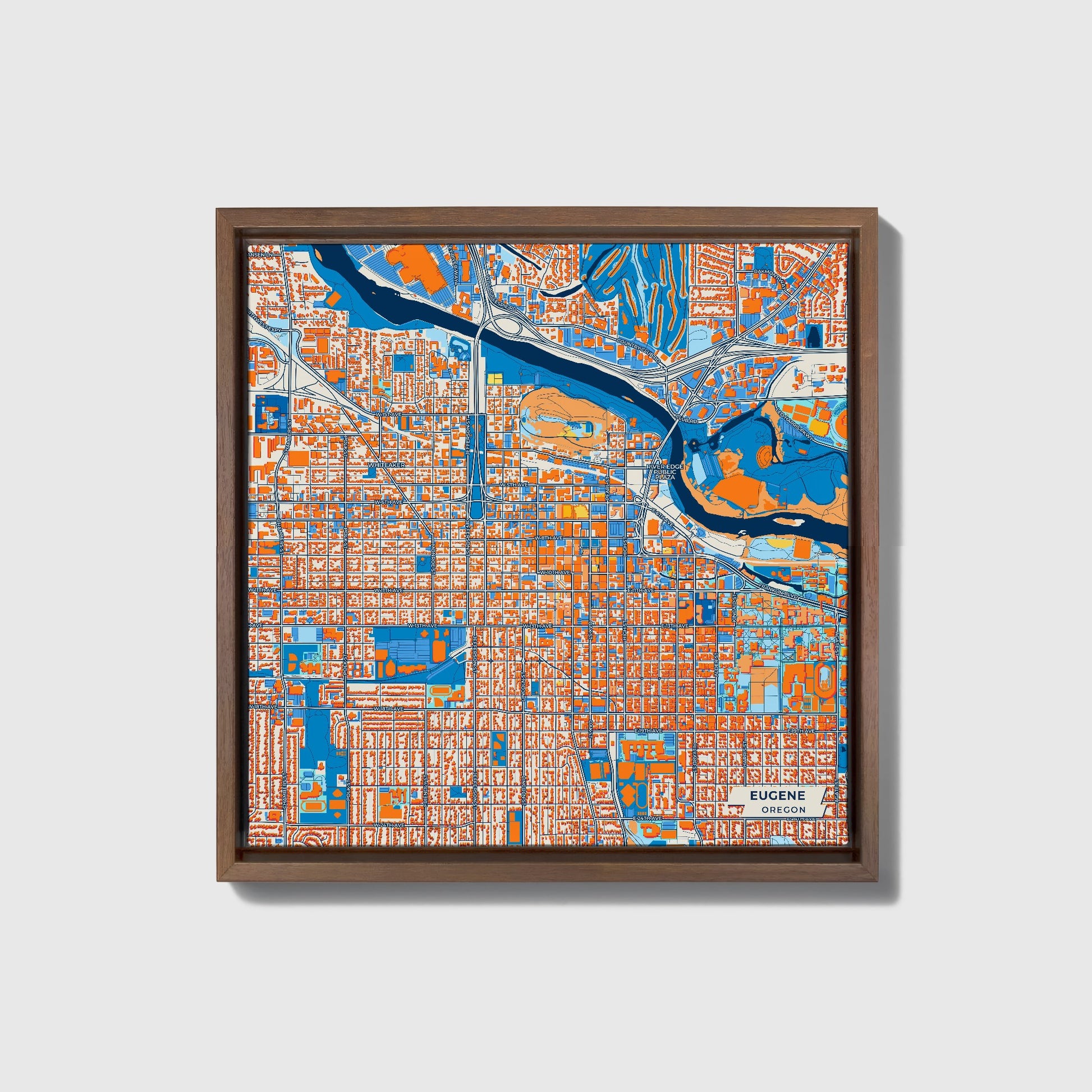 Eugene Oregon Colorful City Map Canvas Print • Dark Wooden Framed