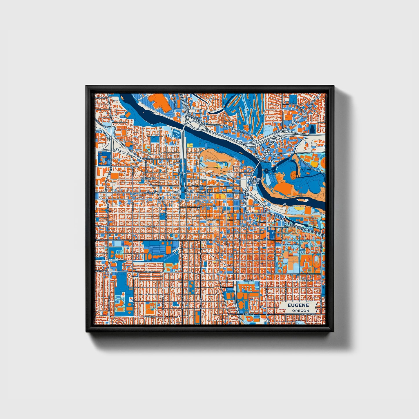 Eugene Oregon Colorful City Map Canvas Print • Black Framed