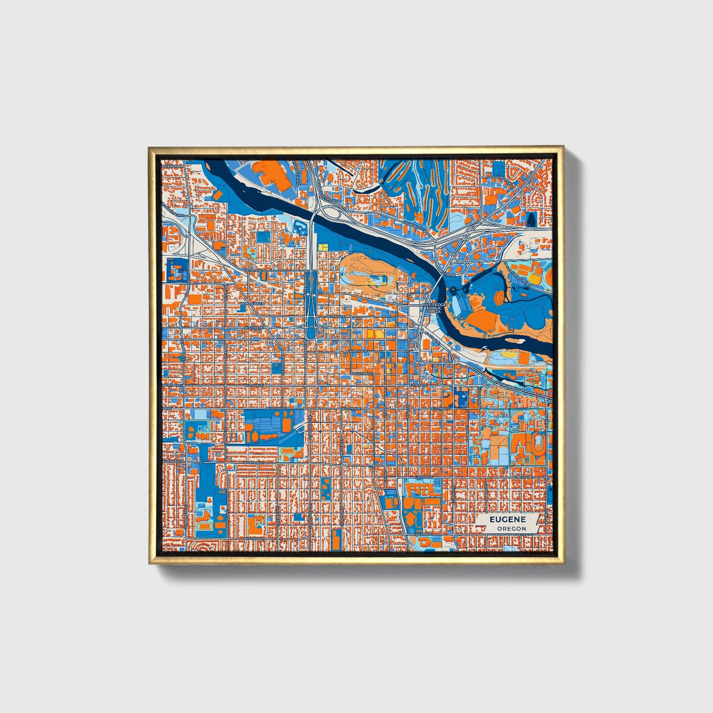 Eugene Oregon Colorful City Map Canvas Print • Gold Framed