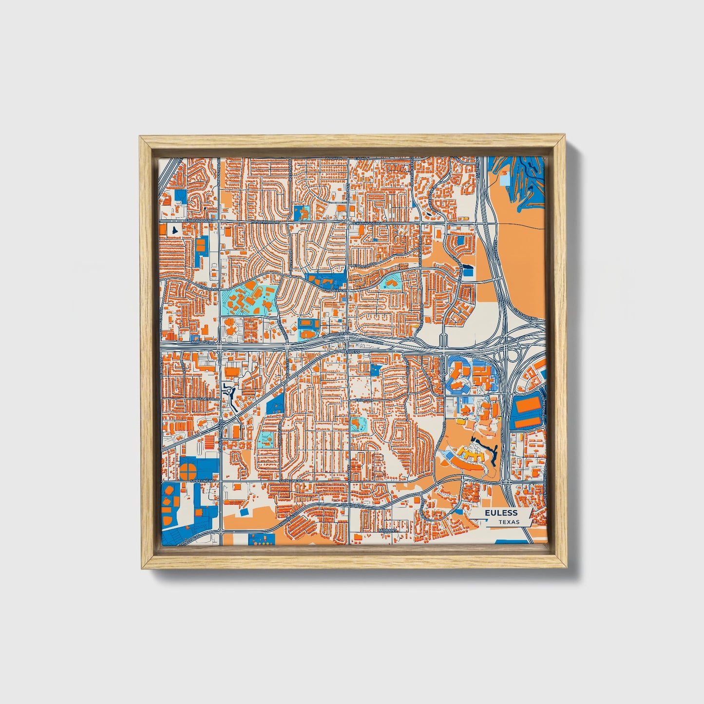 Euless Texas Colorful City Map Canvas Print • Natural Wooden Framed