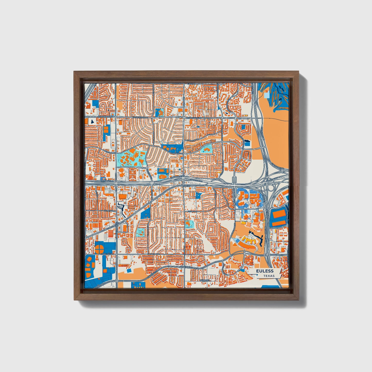Euless Texas Colorful City Map Canvas Print • Dark Wooden Framed