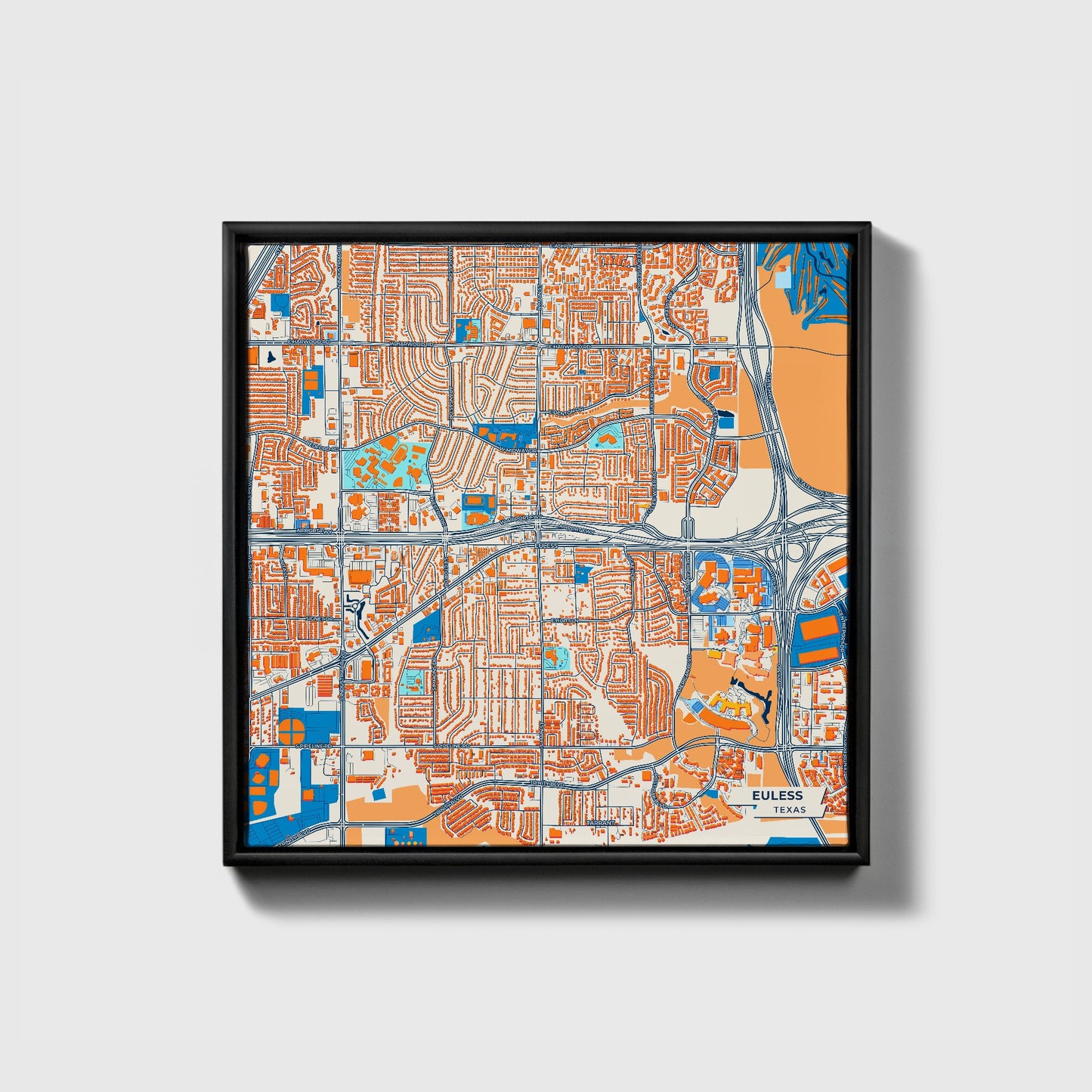Euless Texas Colorful City Map Canvas Print • Black Framed
