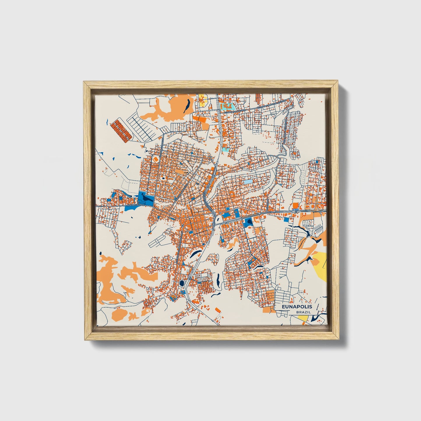 Eunapolis Brazil Colorful City Map Canvas Print • Natural Wooden Framed