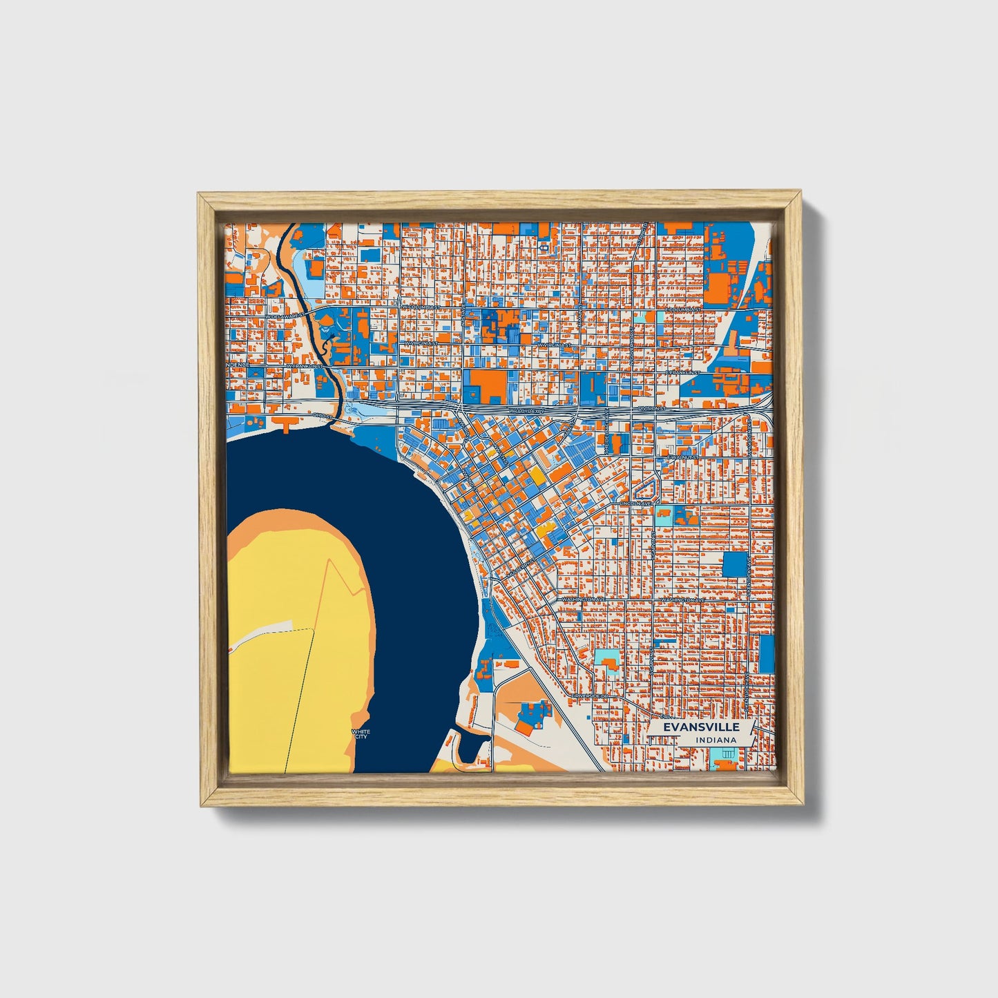 Evansville Indiana Colorful City Map Canvas Print • Natural Wooden Framed