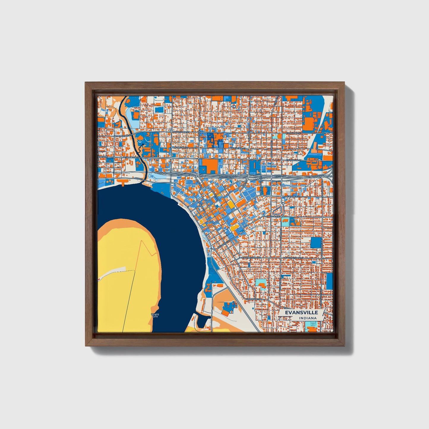 Evansville Indiana Colorful City Map Canvas Print • Dark Wooden Framed