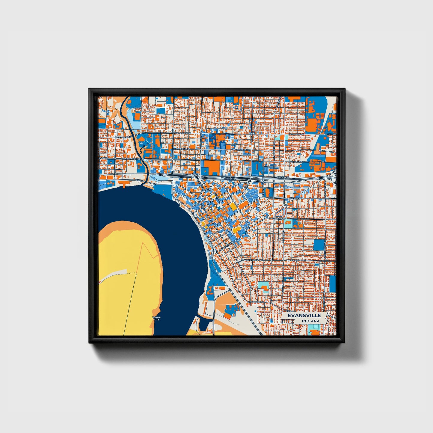 Evansville Indiana Colorful City Map Canvas Print • Black Framed