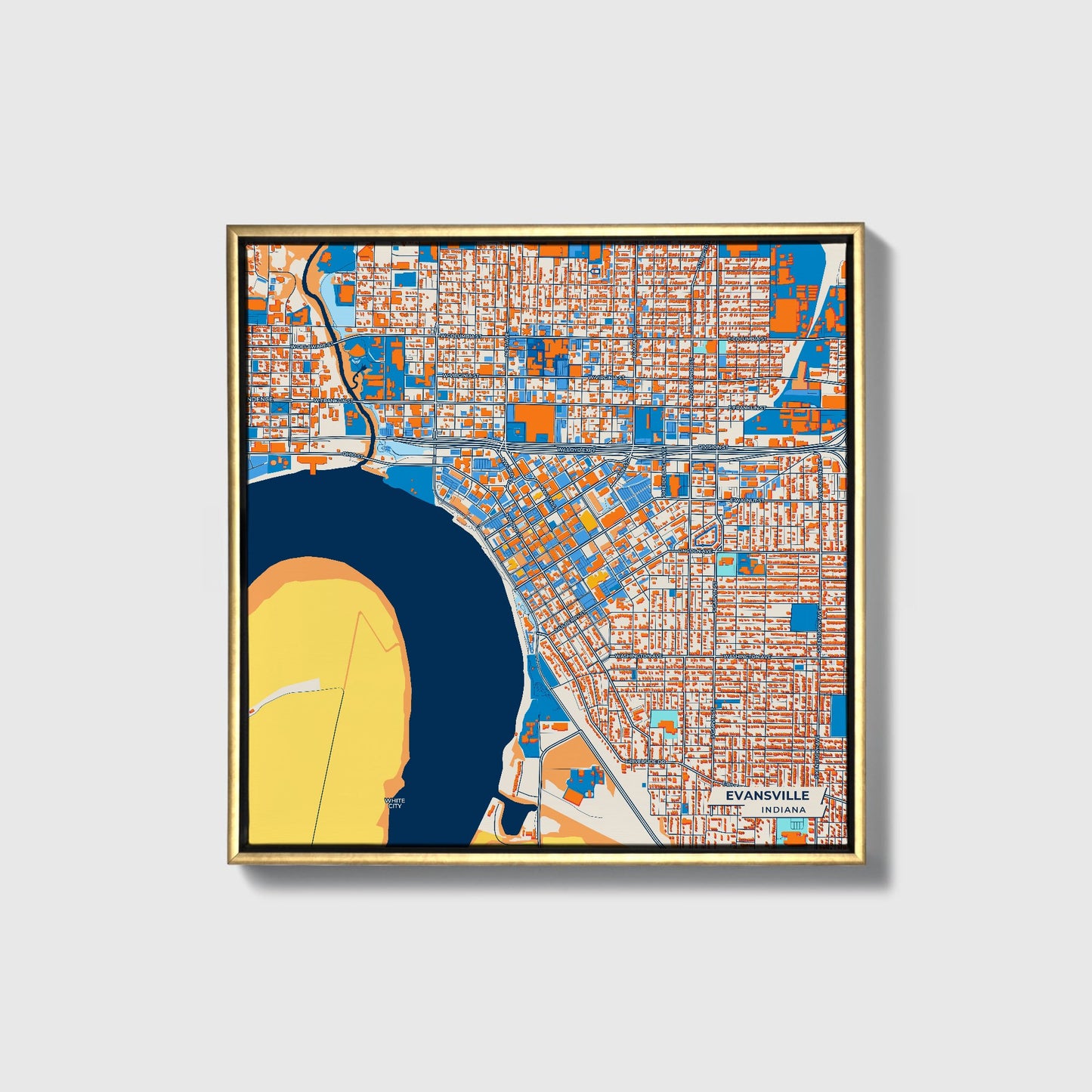 Evansville Indiana Colorful City Map Canvas Print • Gold Framed