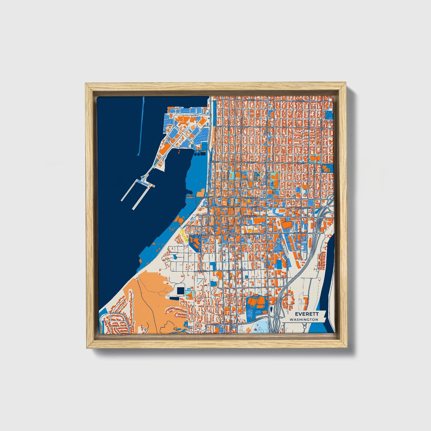 Everett Washington Colorful City Map Canvas Print • Natural Wooden Framed