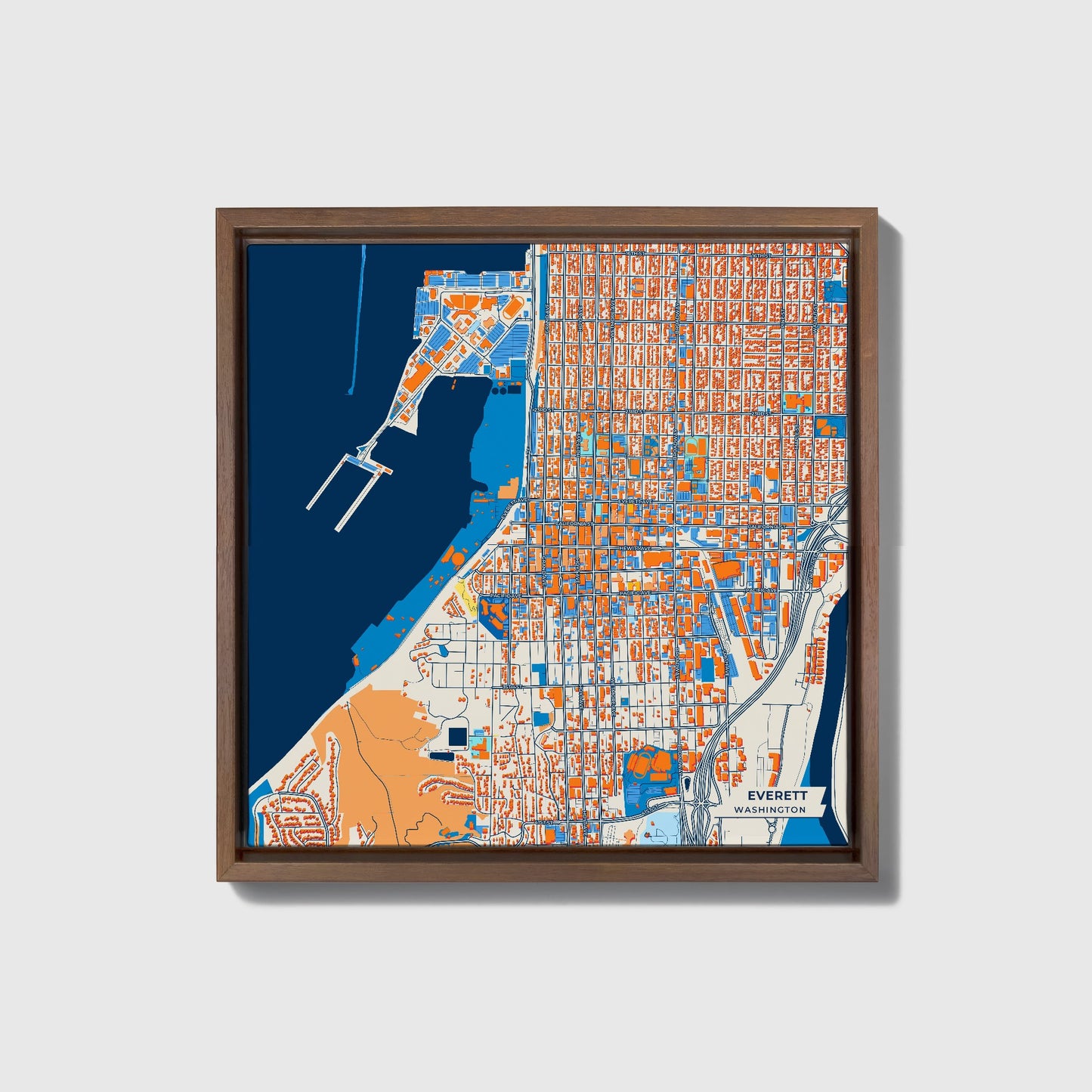 Everett Washington Colorful City Map Canvas Print • Dark Wooden Framed