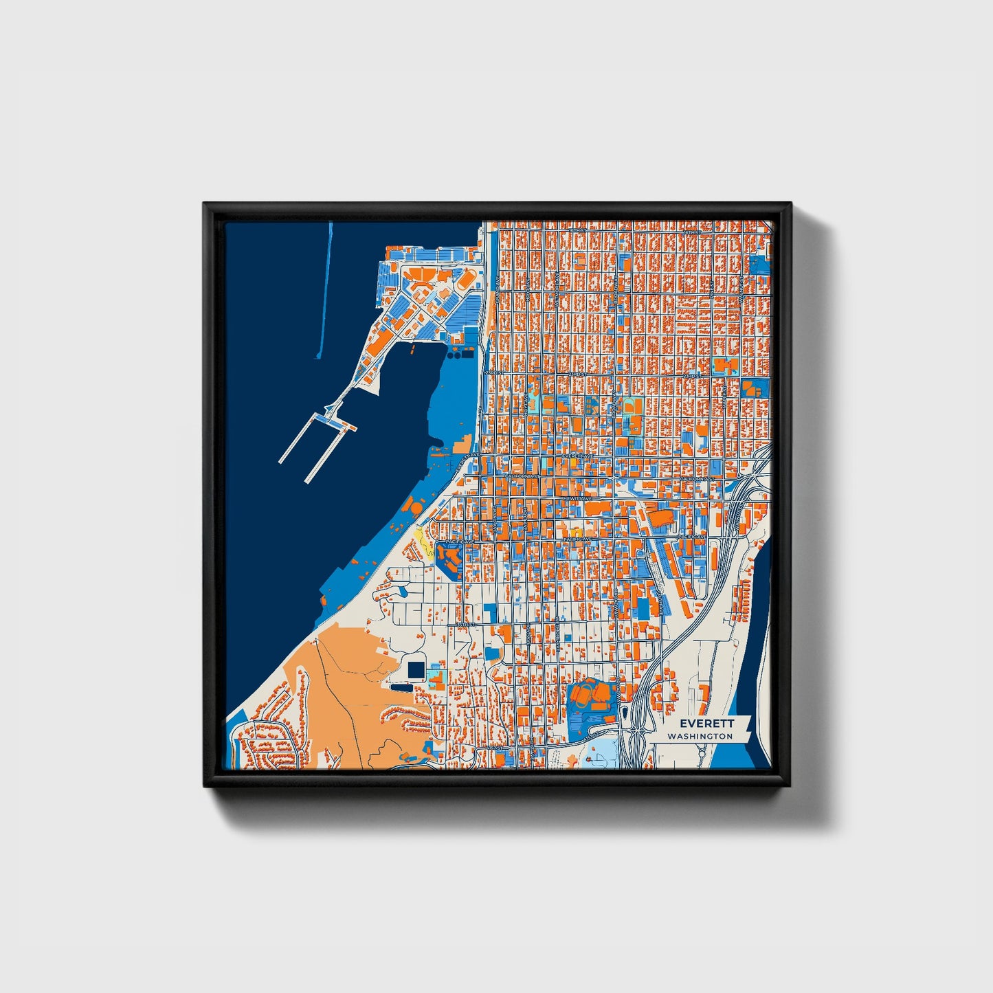 Everett Washington Colorful City Map Canvas Print • Black Framed