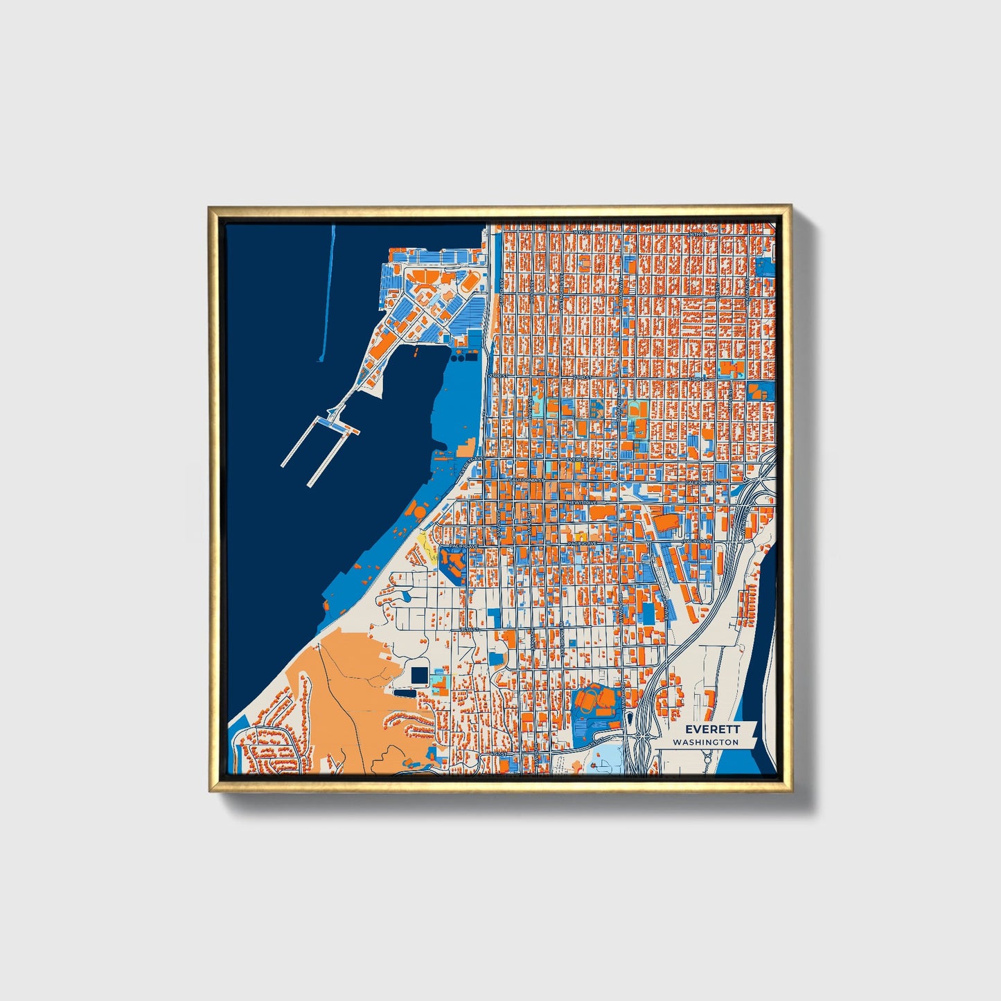 Everett Washington Colorful City Map Canvas Print • Gold Framed