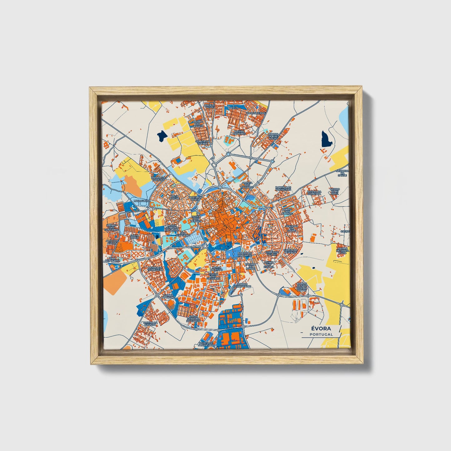 Évora Portugal Colorful City Map Canvas Print • Natural Wooden Framed