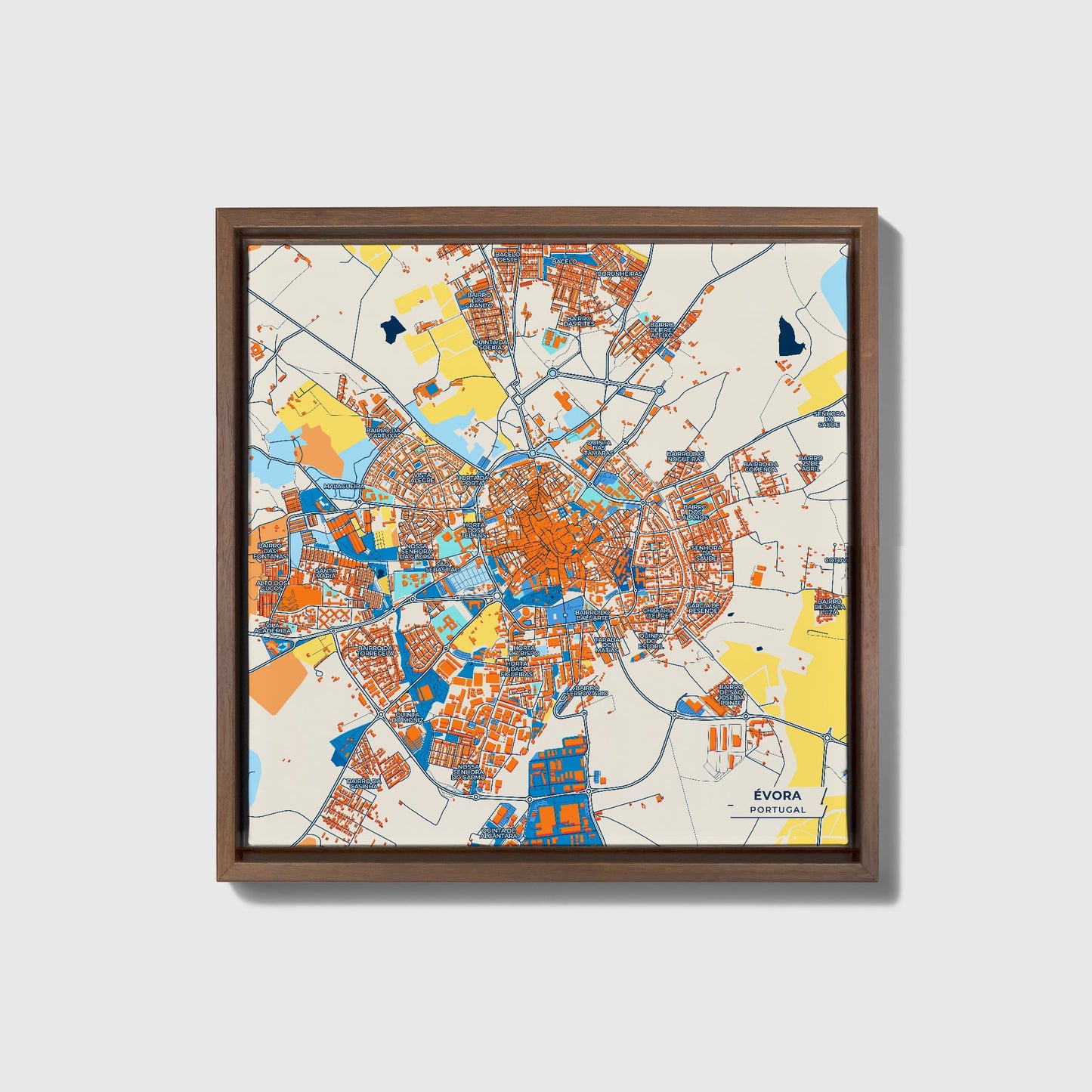 Évora Portugal Colorful City Map Canvas Print • Dark Wooden Framed
