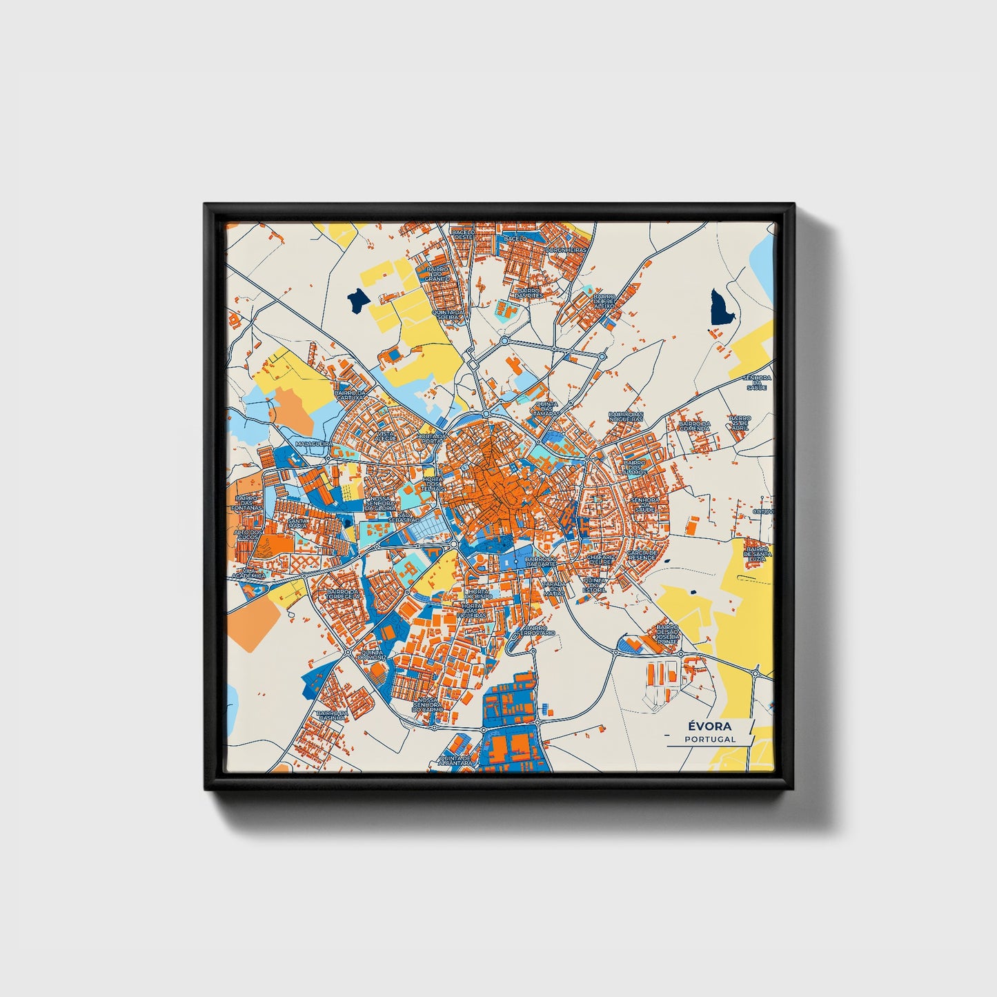 Évora Portugal Colorful City Map Canvas Print • Black Framed