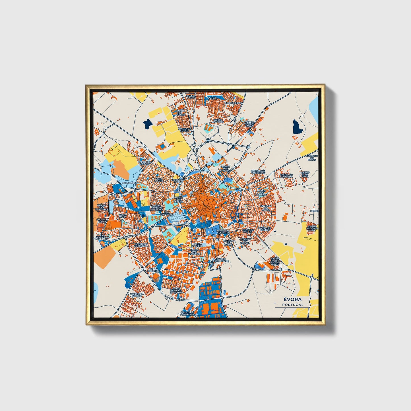 Évora Portugal Colorful City Map Canvas Print • Gold Framed