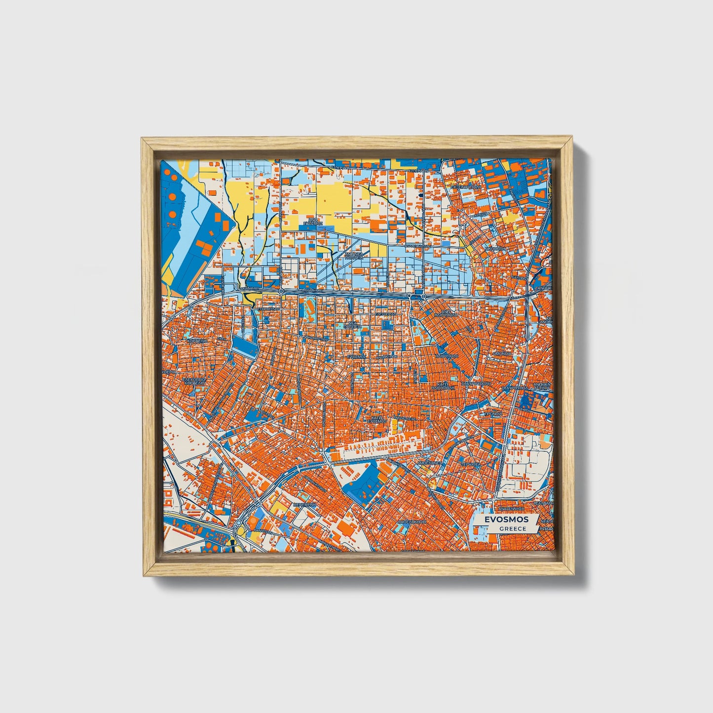 Evosmos Greece Colorful City Map Canvas Print • Natural Wooden Framed
