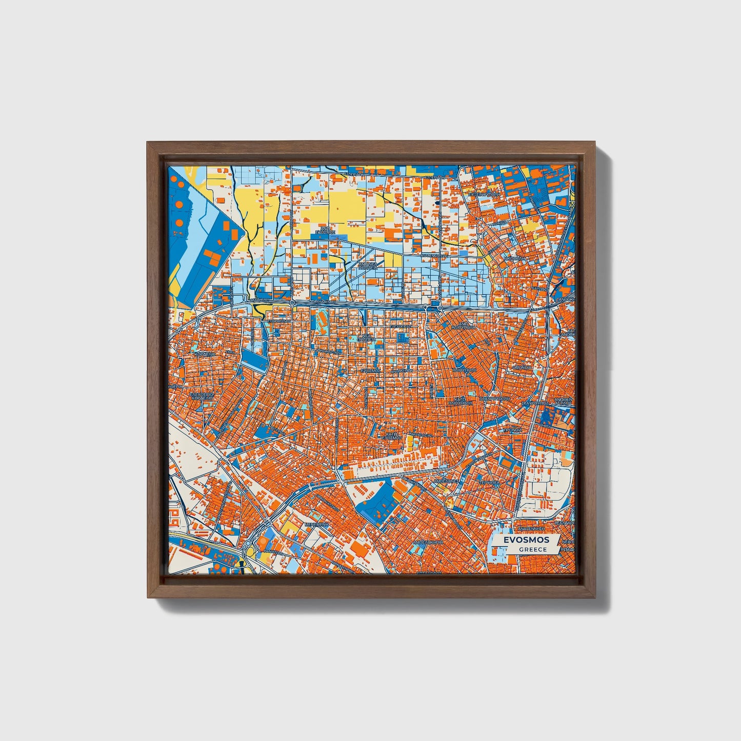 Evosmos Greece Colorful City Map Canvas Print • Dark Wooden Framed