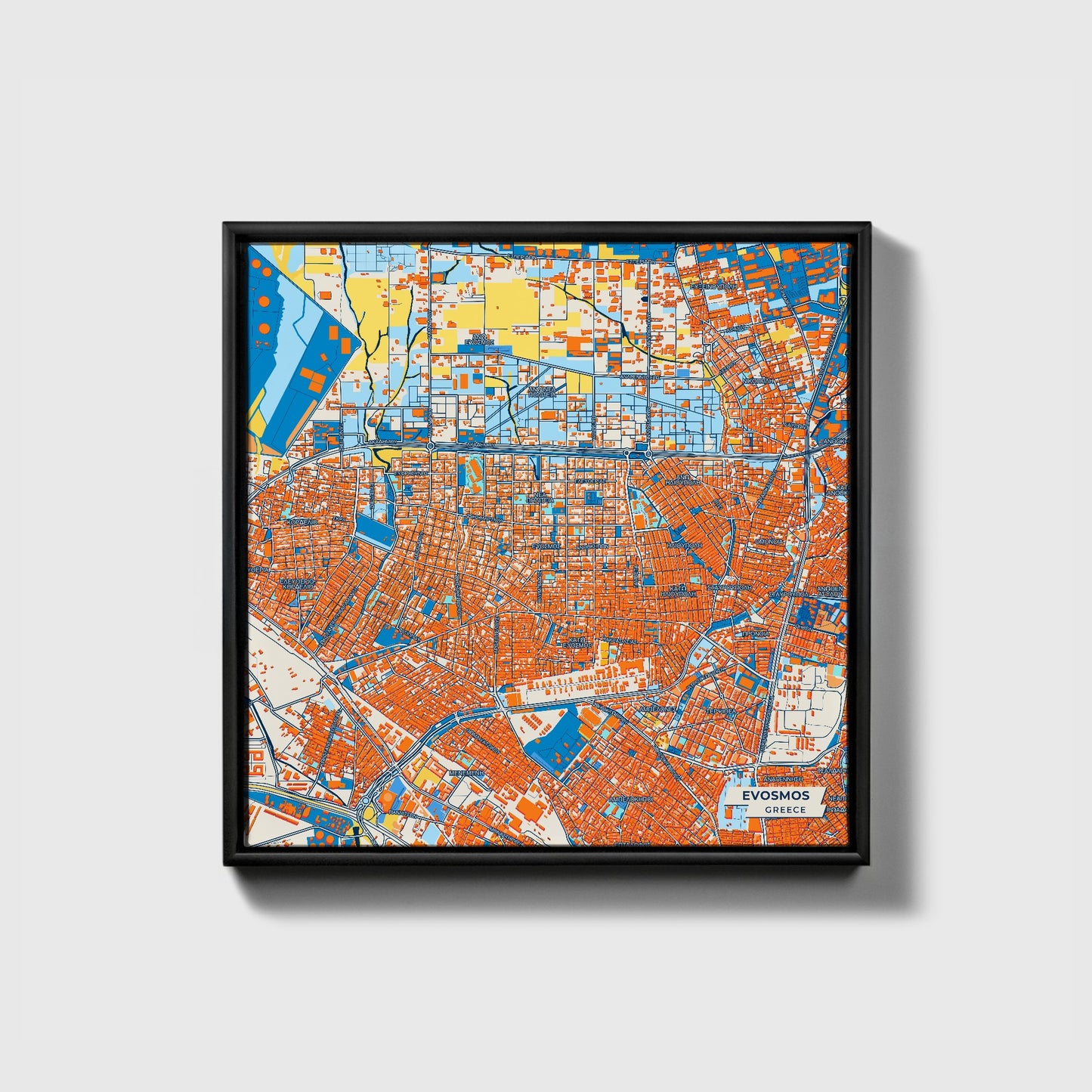 Evosmos Greece Colorful City Map Canvas Print • Black Framed