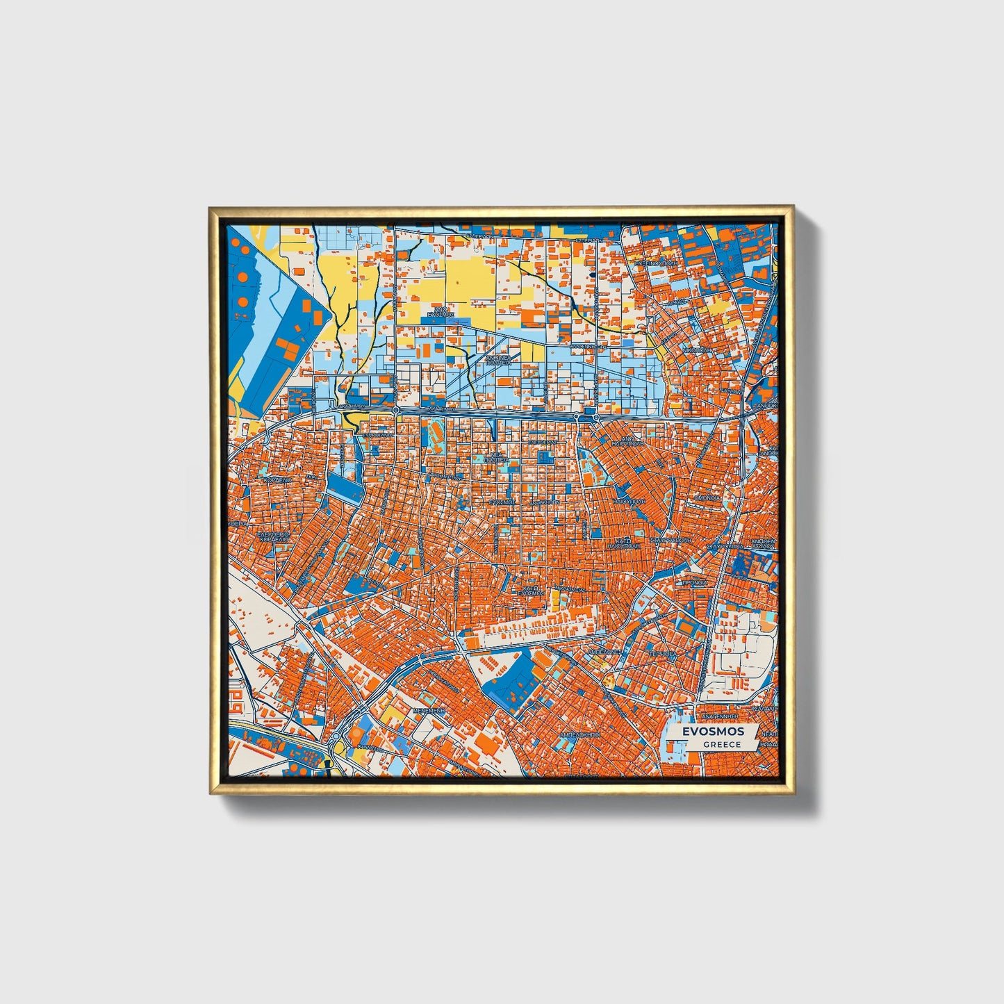 Evosmos Greece Colorful City Map Canvas Print • Gold Framed