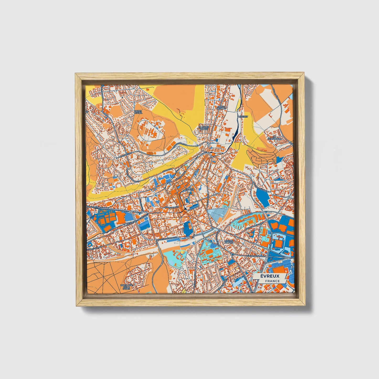 Évreux France Colorful City Map Canvas Print • Natural Wooden Framed