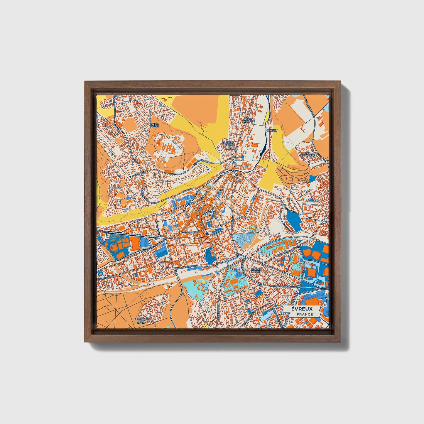 Évreux France Colorful City Map Canvas Print • Dark Wooden Framed