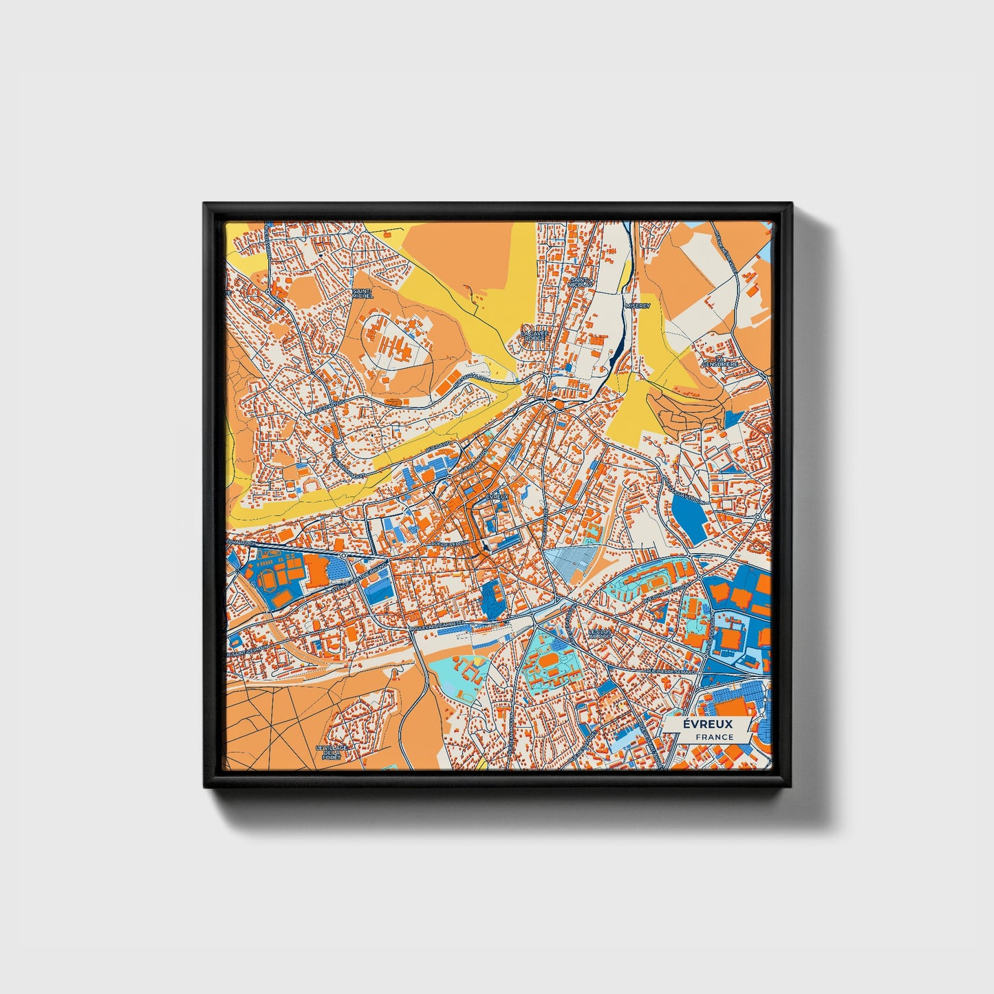 Évreux France Colorful City Map Canvas Print • Black Framed