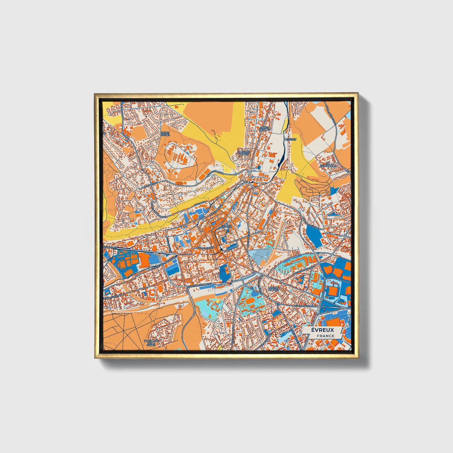 Évreux France Colorful City Map Canvas Print • Gold Framed