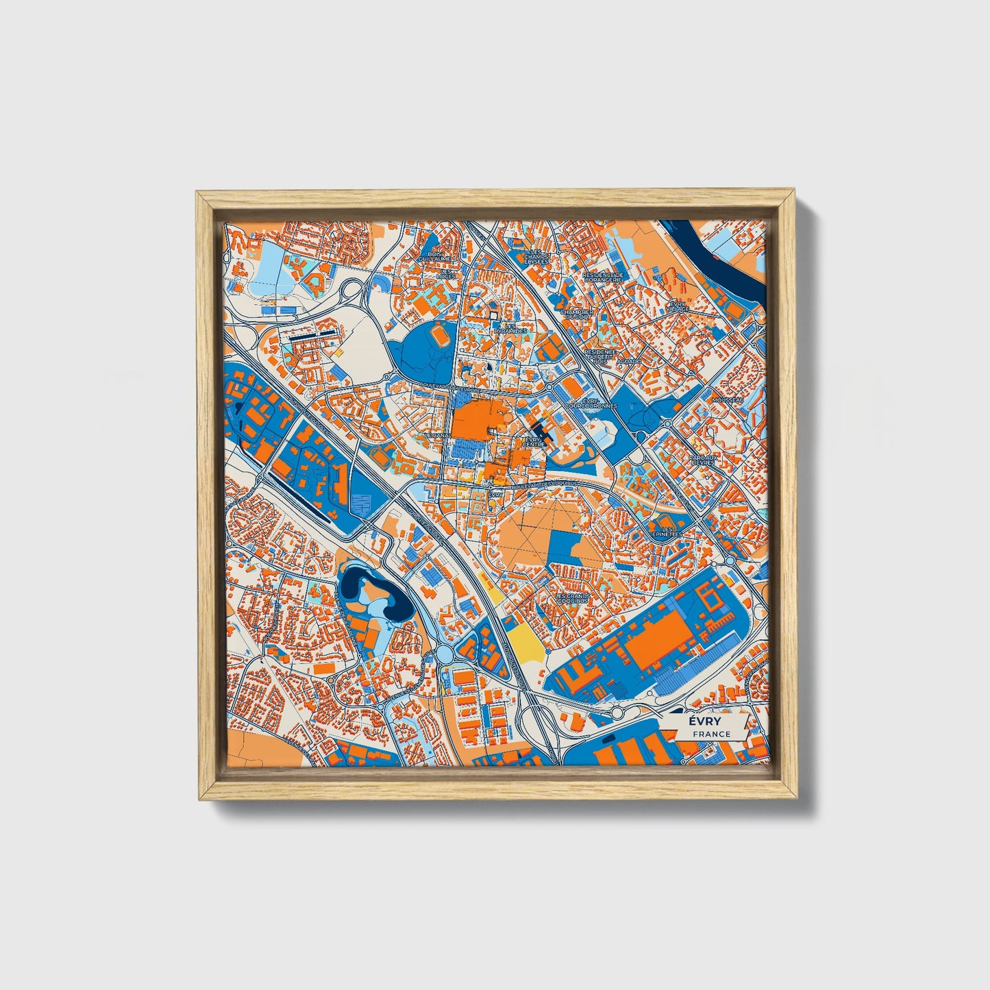 Évry France Colorful City Map Canvas Print • Natural Wooden Framed