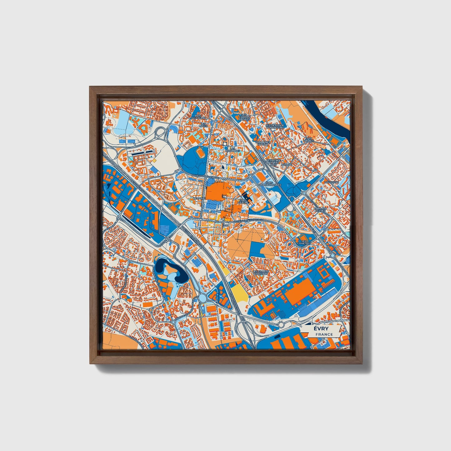 Évry France Colorful City Map Canvas Print • Dark Wooden Framed