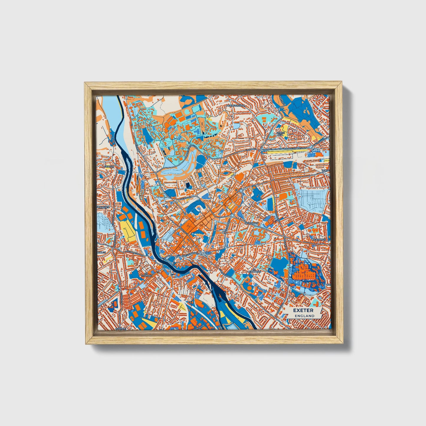 Exeter England Colorful City Map Canvas Print • Natural Wooden Framed