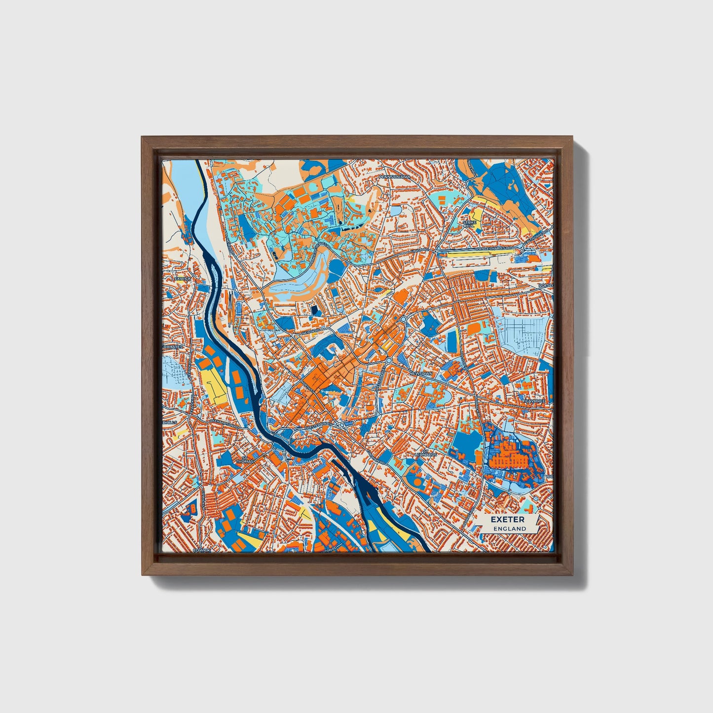 Exeter England Colorful City Map Canvas Print • Dark Wooden Framed