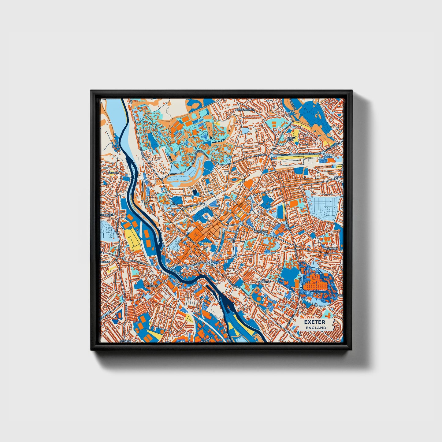 Exeter England Colorful City Map Canvas Print • Black Framed