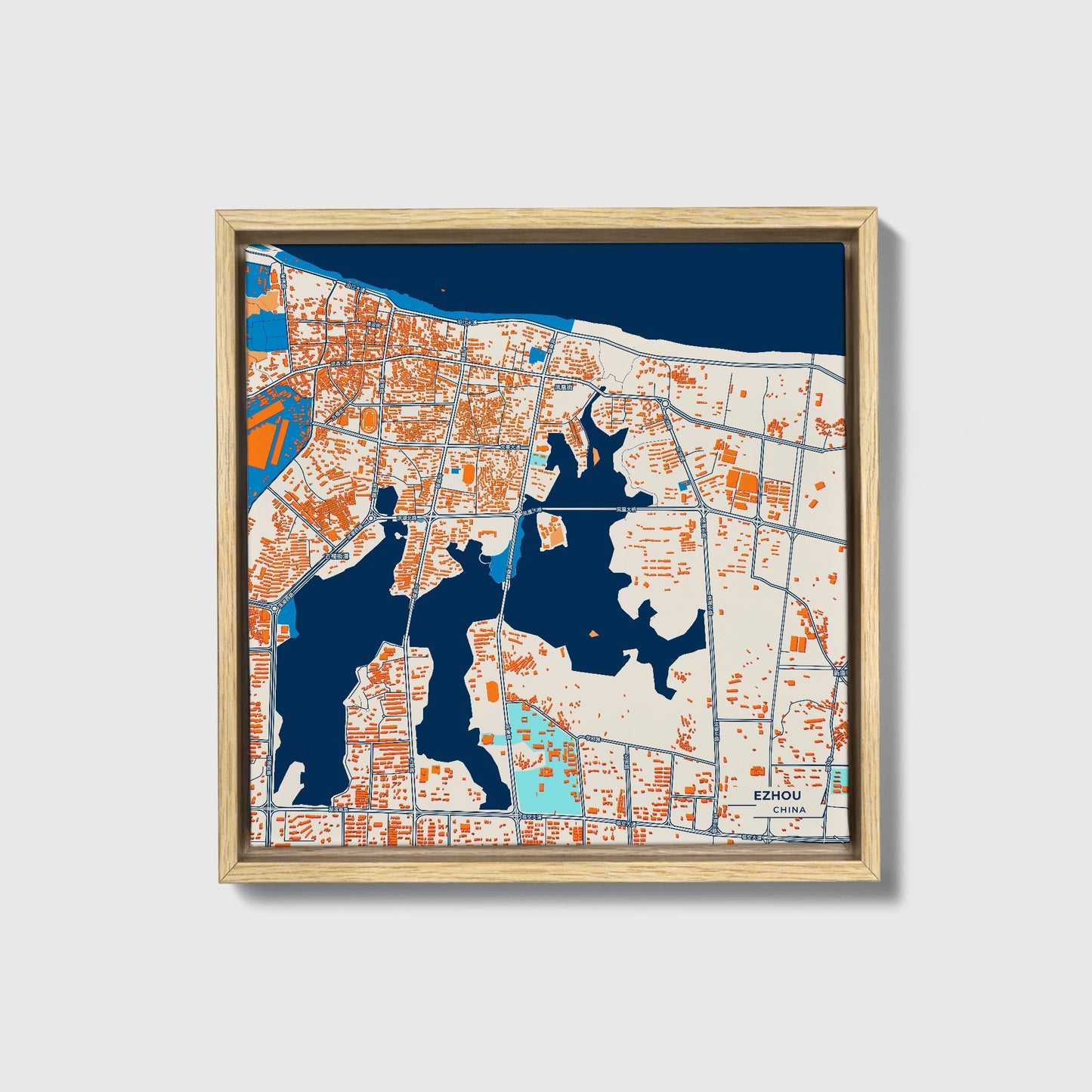 Ezhou China Colorful City Map Canvas Print • Natural Wooden Framed
