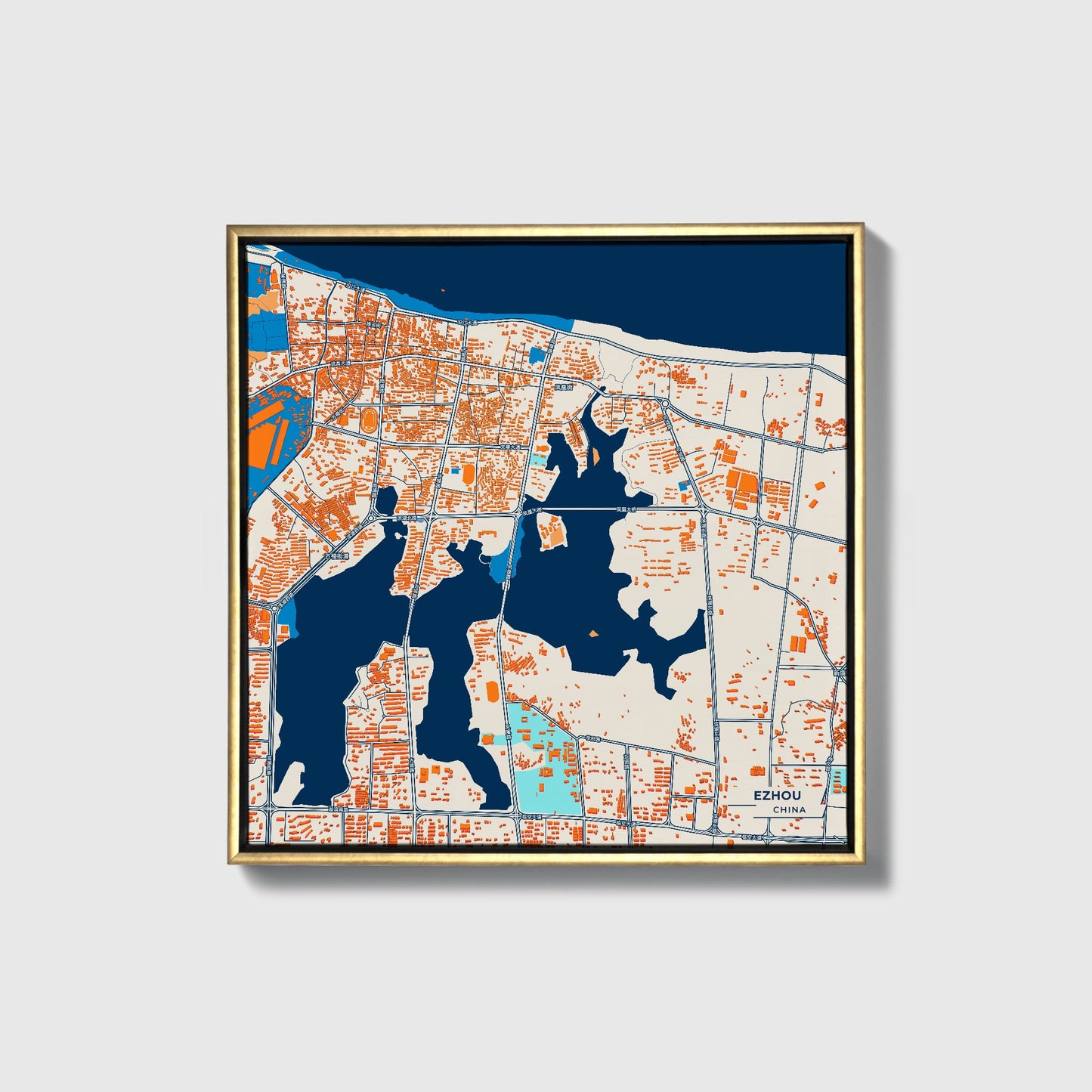 Ezhou China Colorful City Map Canvas Print • Gold Framed