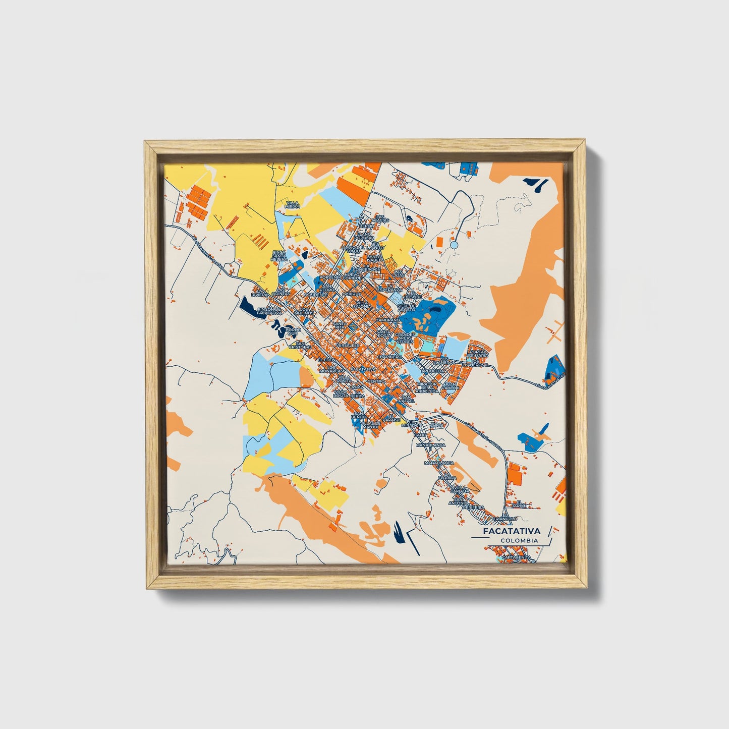 Facatativa Colombia Colorful City Map Canvas Print • Natural Wooden Framed