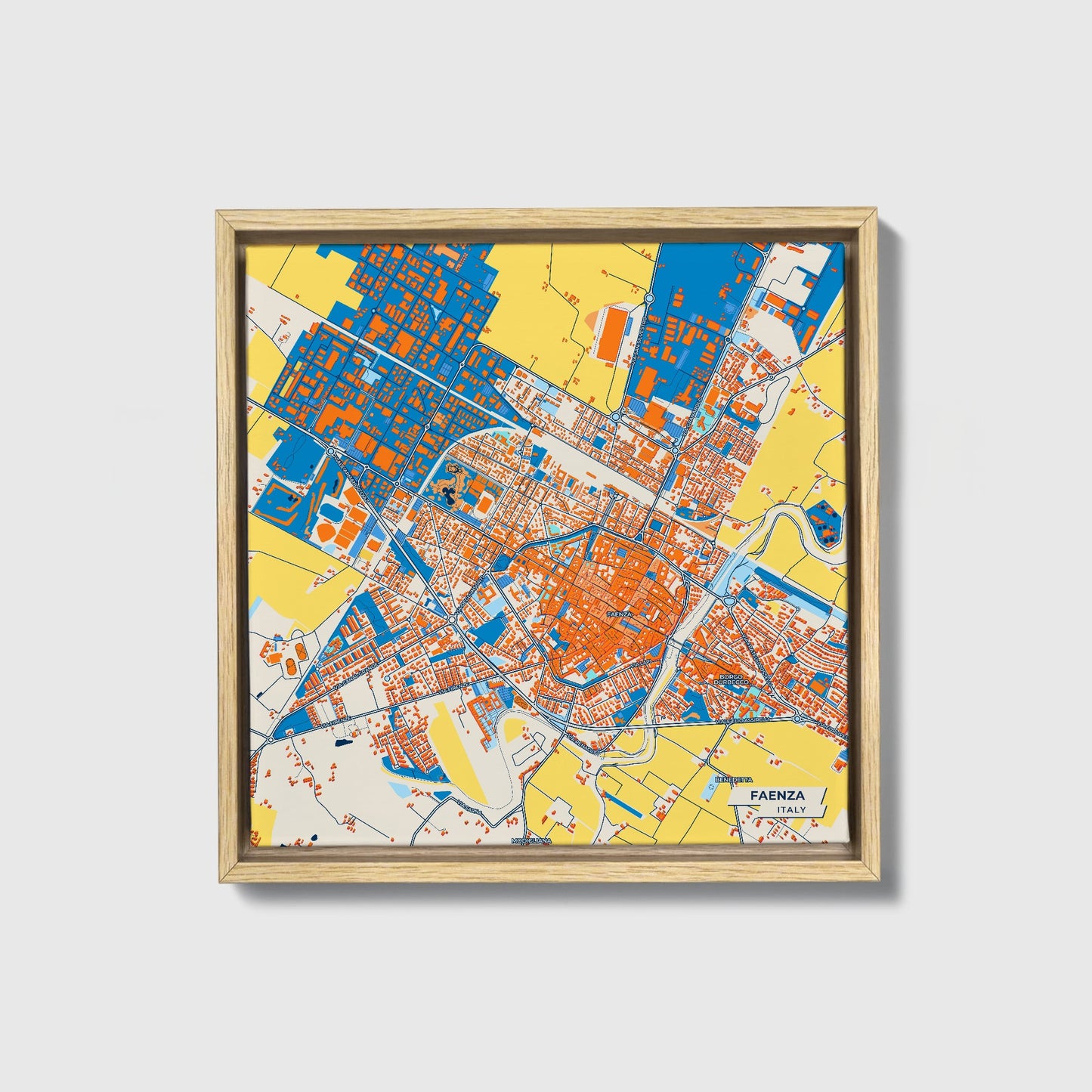 Faenza Italy Colorful City Map Canvas Print • Natural Wooden Framed