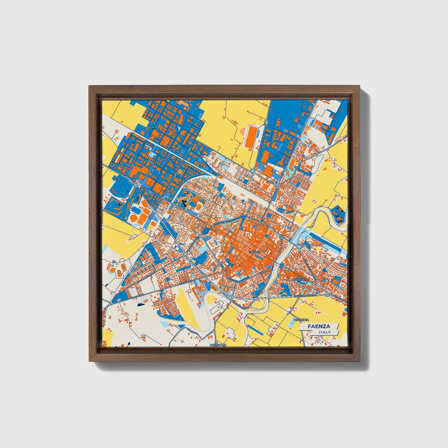 Faenza Italy Colorful City Map Canvas Print • Dark Wooden Framed