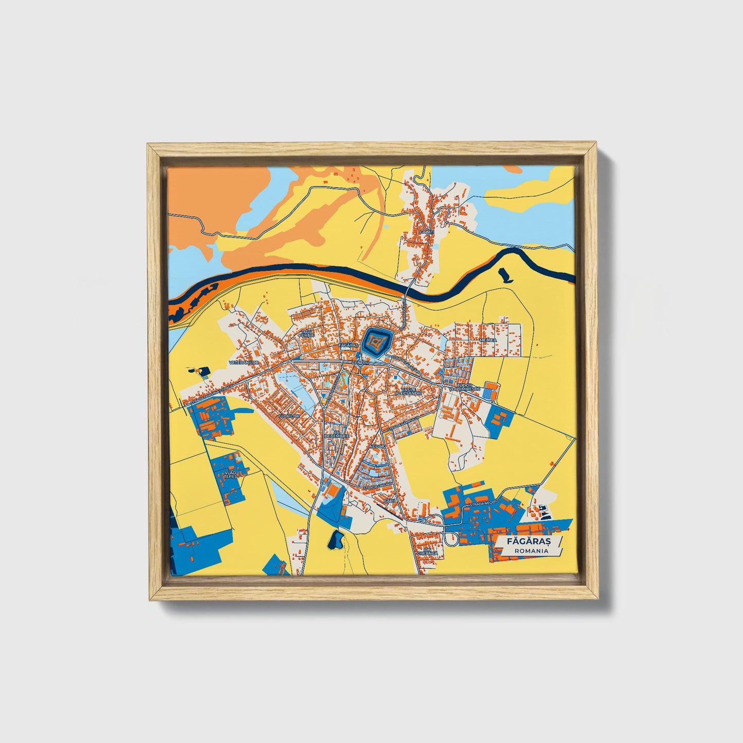 Făgăraș Romania Colorful City Map Canvas Print • Natural Wooden Framed