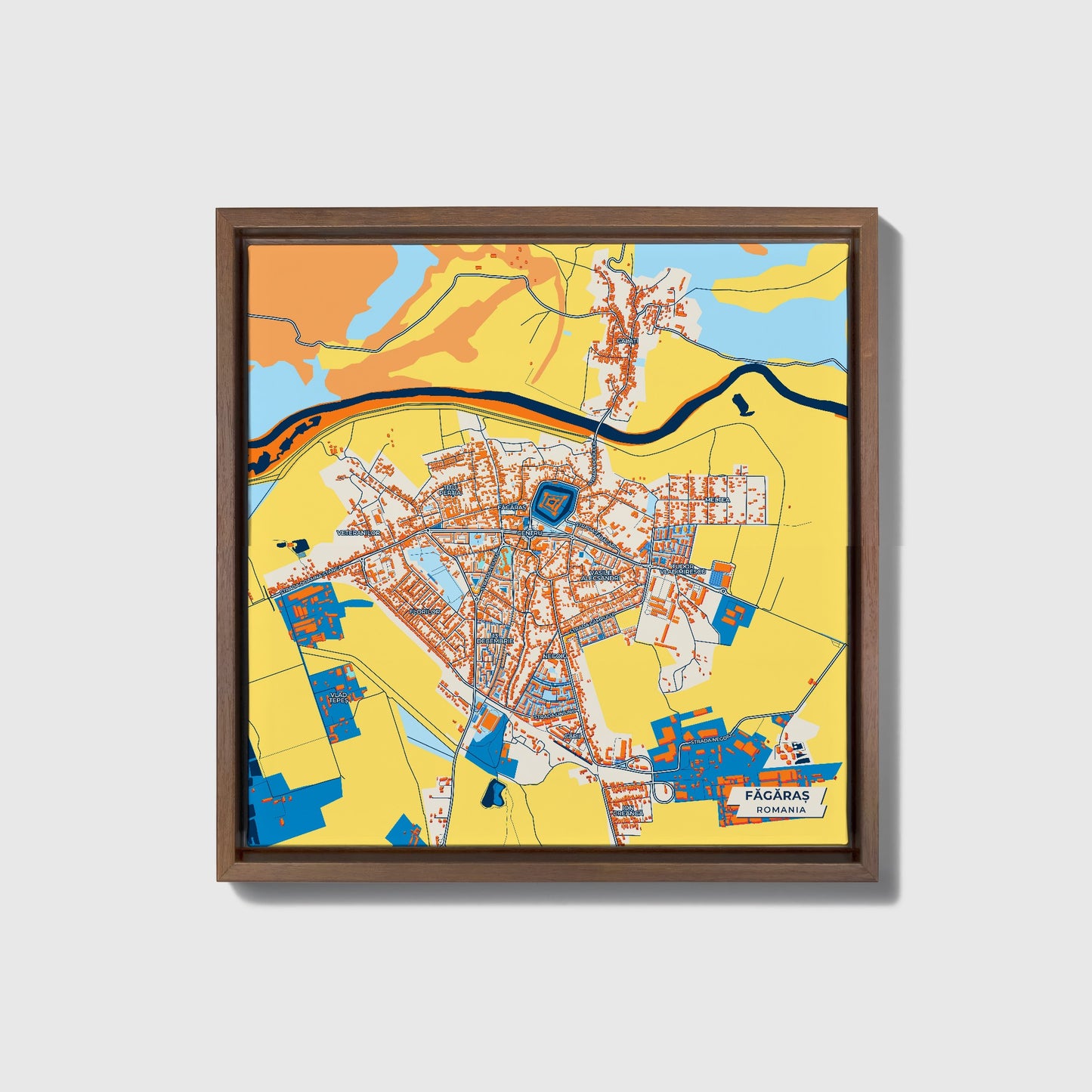 Făgăraș Romania Colorful City Map Canvas Print • Dark Wooden Framed