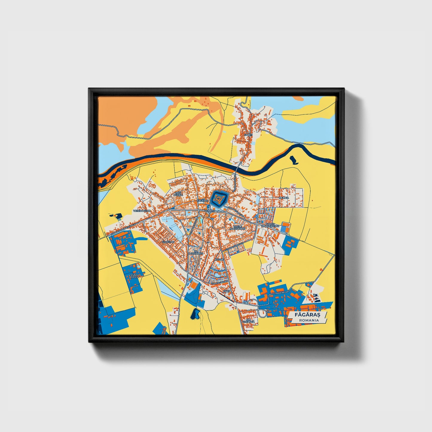 Făgăraș Romania Colorful City Map Canvas Print • Black Framed