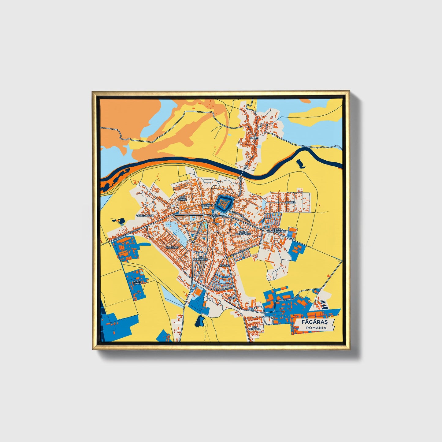 Făgăraș Romania Colorful City Map Canvas Print • Gold Framed