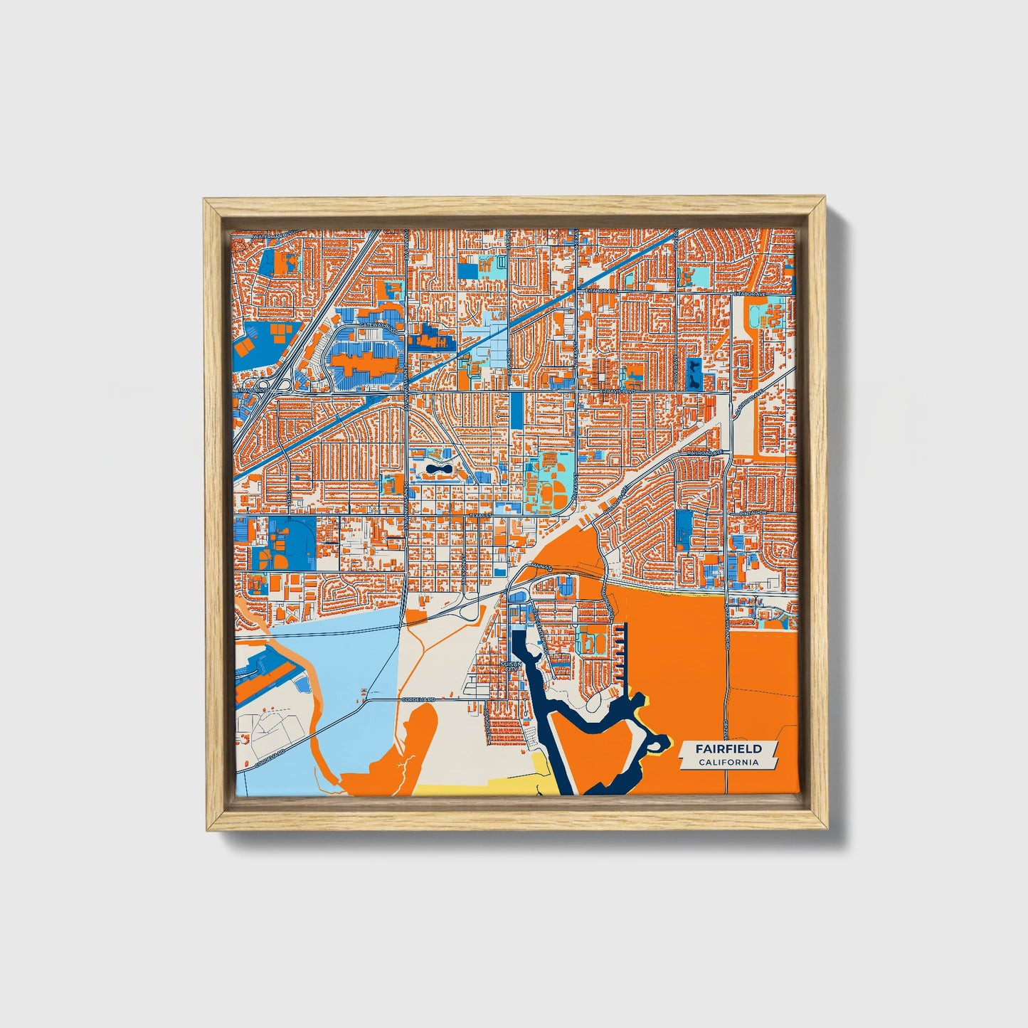 Fairfield California Colorful City Map Canvas Print • Natural Wooden Framed